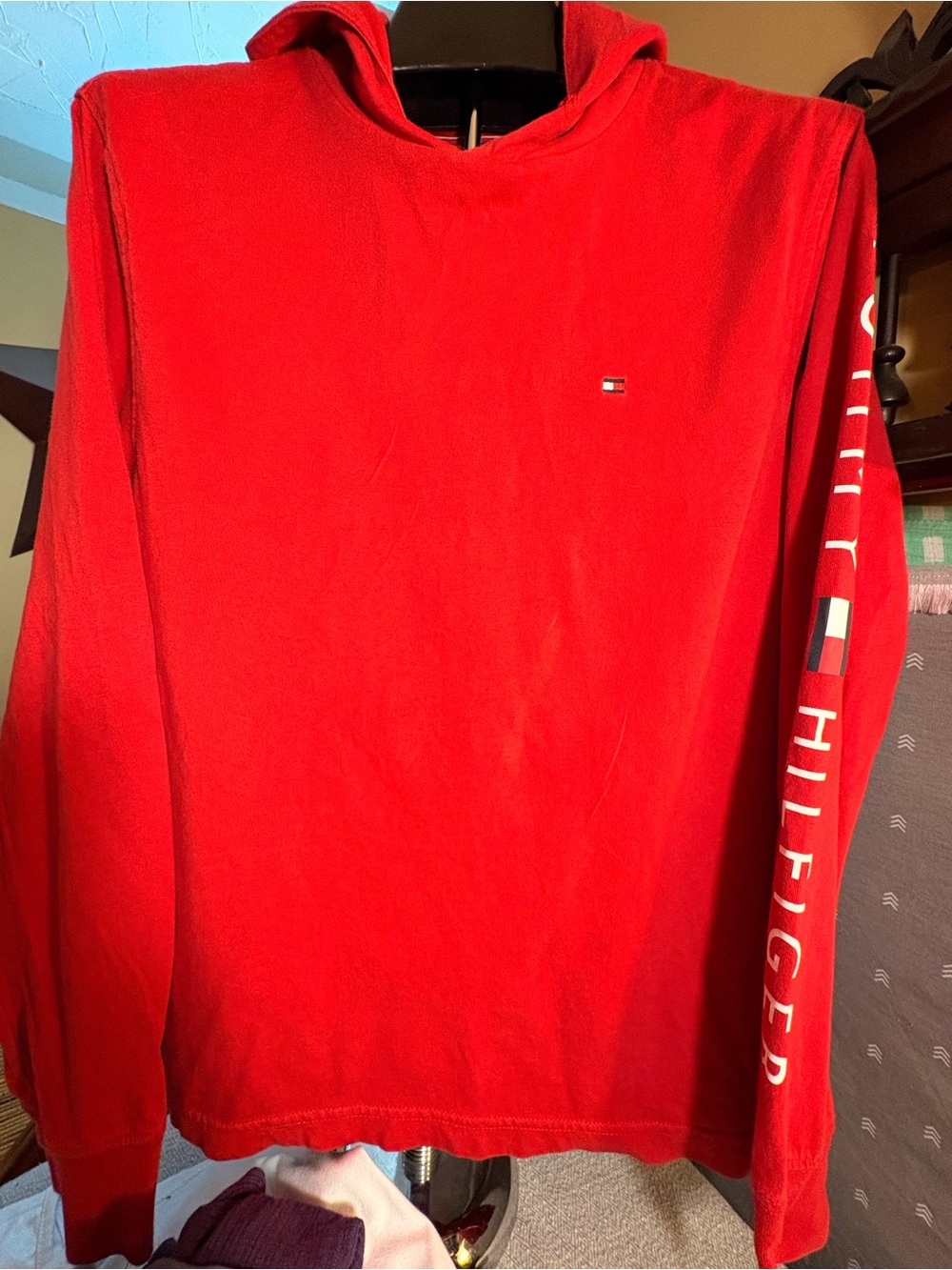 Tommy Hilfiger Red Hooded Long Sleeve Tee with Sleeve Branding. Womens small